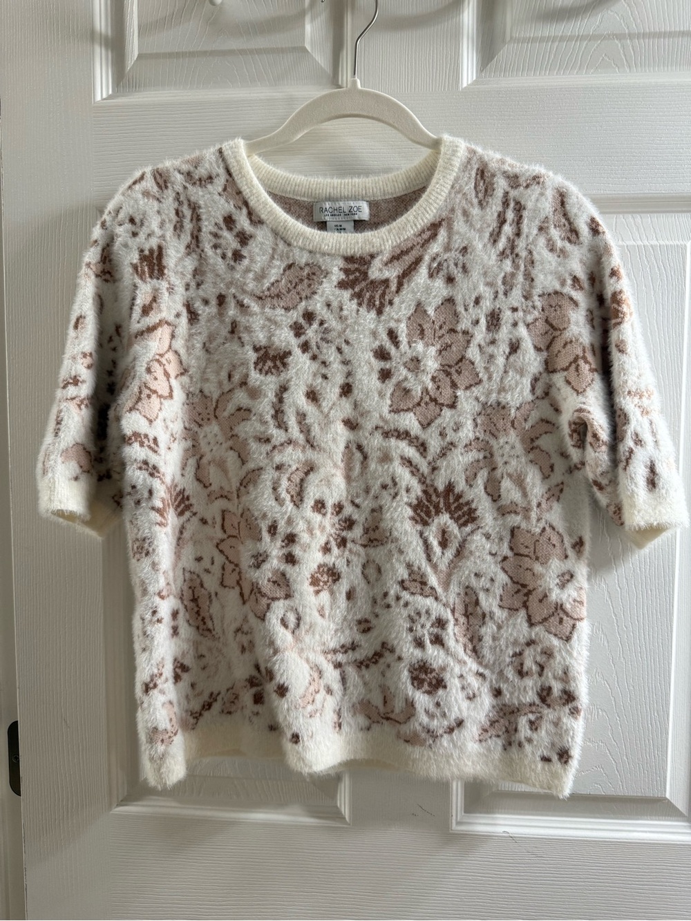 Rachel Zoe Cream and Blush Floral Fuzzy Short-Sleeve Sweater